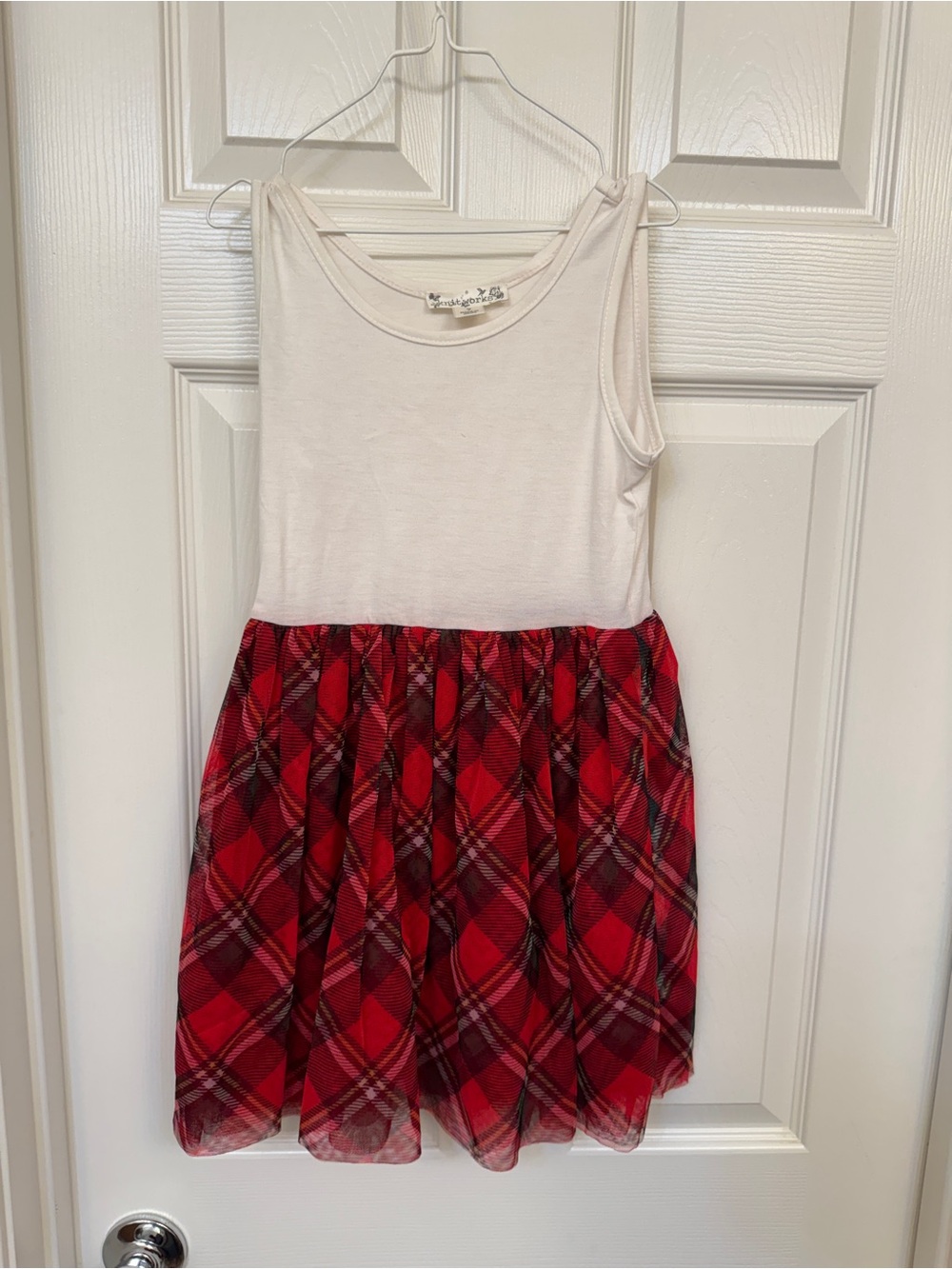Knitworks Cream Tank Top with Red Plaid Skirt
